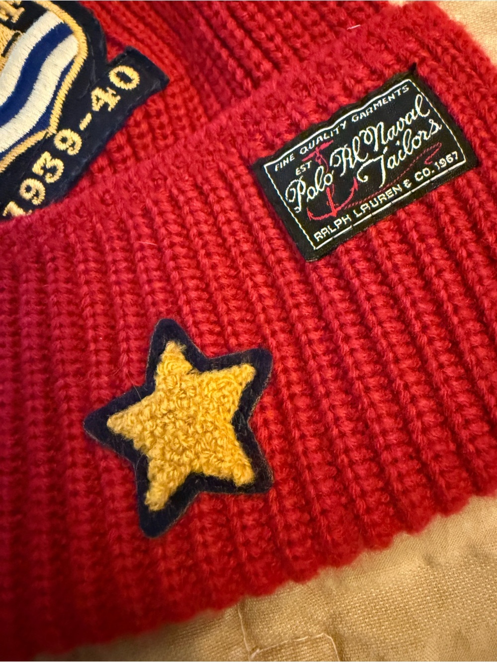 Polo Ralph Lauren RL Naval Tailors Red Beanie with Tiger, Crest & Star Patches - Picture 2 of 7